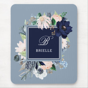 Navy and Blush Floral   Name and Monogram Mousepad