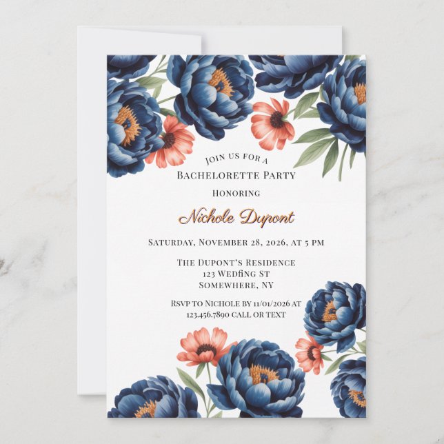 Navy and Burnt Orange Floral Bachelorette Party Einladung (Vorderseite)