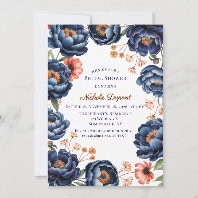 Navy and Burnt Orange Floral Bridal Shower Einladung (Vorderseite)