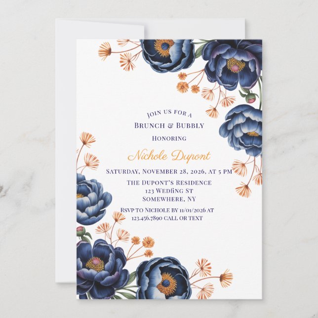 Navy and Burnt Orange Floral Brunch & Bubbly Einladung (Vorderseite)