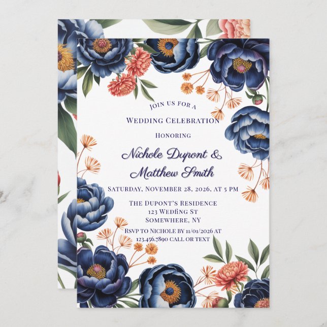 Navy and Burnt Orange Floral Wedding Celebration Einladung (Vorne/Hinten)