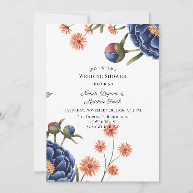 Navy and Burnt Orange Floral Wedding Shower Einladung (Vorderseite)