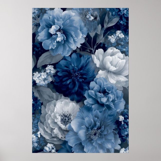 Navy and Dusty Blue Floral Art Poster 3 of 3 (Vorne)