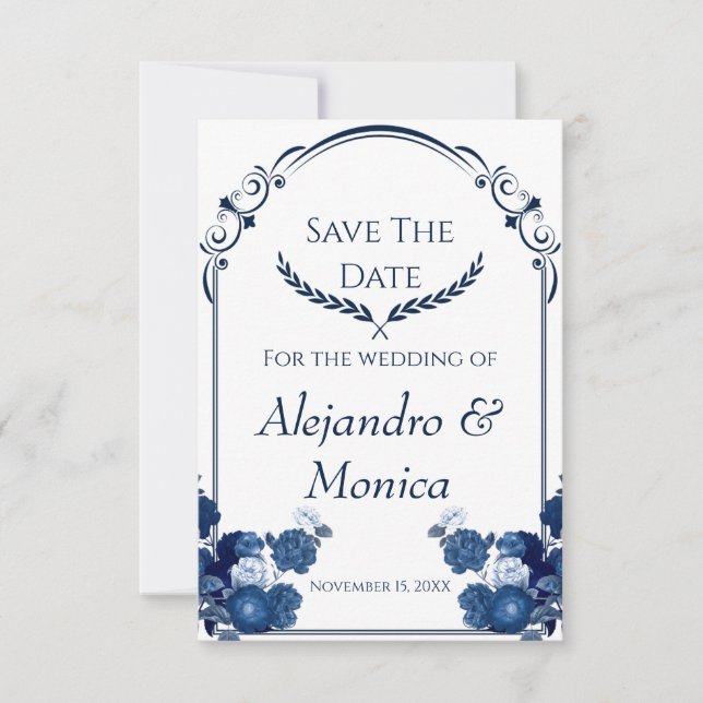 Navy and Dusty Blue Floral Classic Save The Date (Vorderseite)
