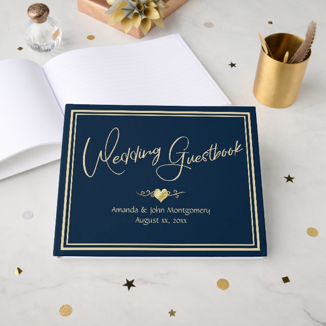 Navy and Gold Elegant Wedding Gästebuch (Vorderseite Offen)