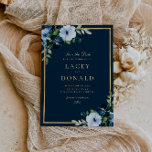 Navy and gold floral Save The Date Card<br><div class="desc">lovely blue flowers with a gold frame and elegant text. The colors and text can be personalized.</div>