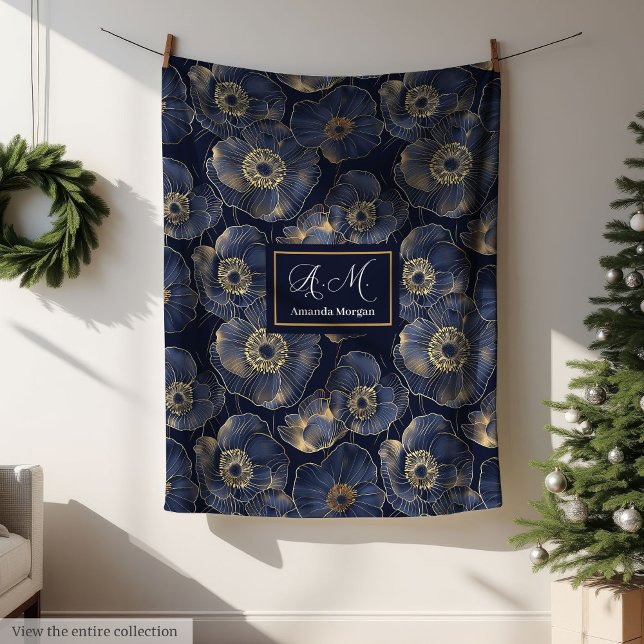Navy and Gold Lux Blanket Custom Name Floral Gift Fleecedecke (Navy and Gold Lux Blanket Custom Name Floral Gift)