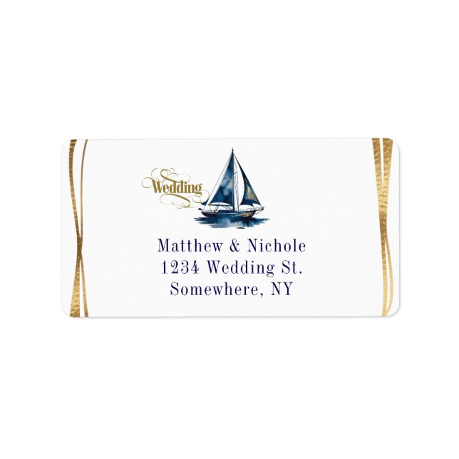 Navy and Gold Nautical Boat Gold Frame Wedding Adressaufkleber (Vorne)