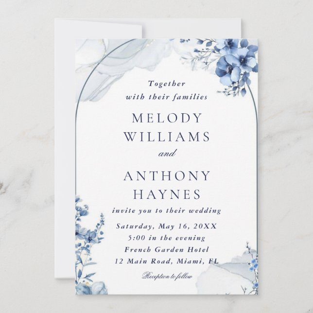 Navy and light blue watercolor floral wedding einladung (Vorderseite)