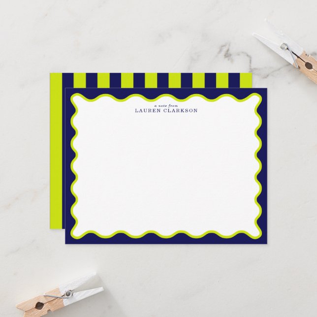 Navy and Lime Striped Back Wavy Frame Note Card Einladung (Vorderseite/Rückseite Beispiel)