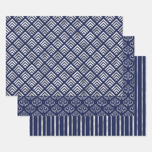 Navy and Silver Geometric Patterns Elegant Geschenkpapier Set (Set)