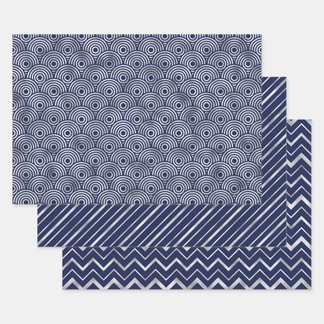 Navy and Silver Geometric Patterns Elegant Geschenkpapier Set (Set)