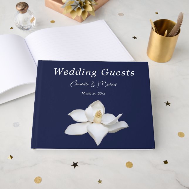 Navy and White Magnolia Elegant Wedding Gästebuch (Vorderseite Offen)
