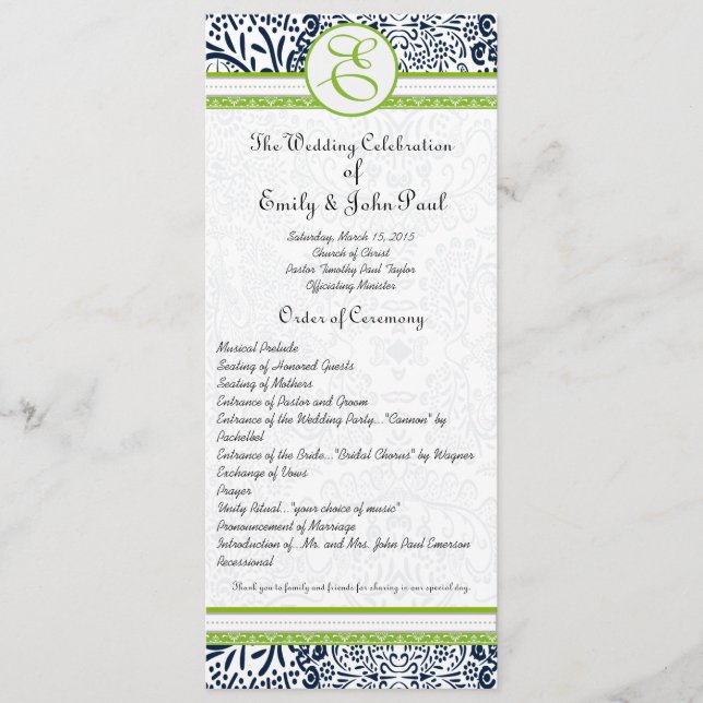 Navy Apfel Grün Grau Liebesvögel Hochzeitsprogramm Programm (Vorderseite)