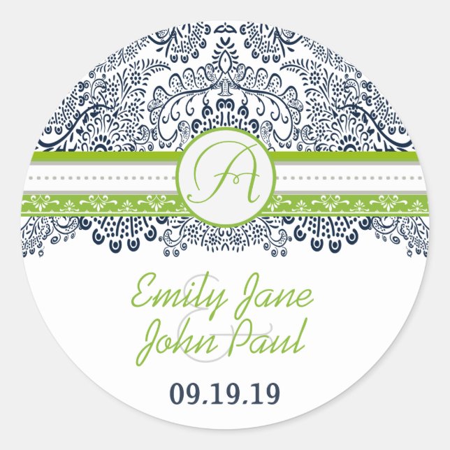 Navy Apple Green Gray Lace Wedding Runder Aufkleber (Vorderseite)