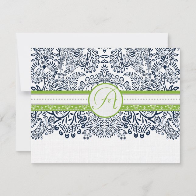 Navy Apple Green Gray Love Birds Wedding RSVP (Vorderseite)