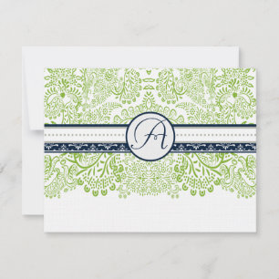Navy Apple Green Gray Love Birds Wedding RSVP Karte