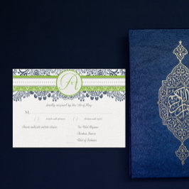 Navy Apple Green Gray Love Birds Wedding RSVP Karte