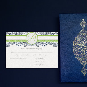 Navy Apple Green Gray Love Birds Wedding RSVP Karte