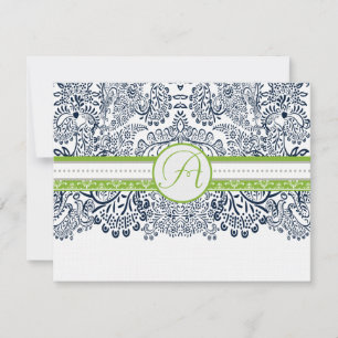 Navy Apple Green Gray Love Birds Wedding RSVP Karte