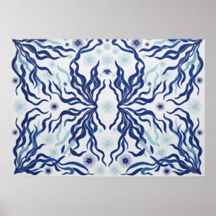 Navy Aqua Meeresalgen Botanisches Symmetrie-Poster Poster