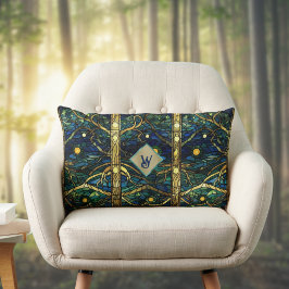 Navy Aquamarin- und Goldmoonlight Forest mit Monog Lendenkissen