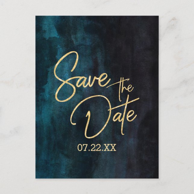 Navy Aquamarine Wasserfarben und Goldhochzeit spei Ankündigungspostkarte (Vorderseite)