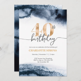 Navy Aquarell und Gold 40. Geburtstagsfeier Einladung