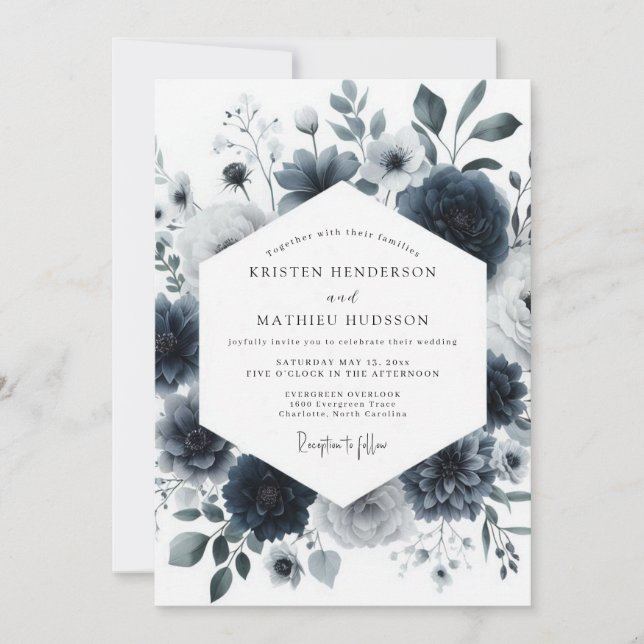 Navy Aquarelle Bloom Wedding Einladung (Vorderseite)