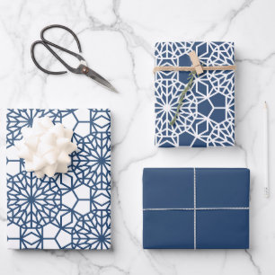Navy Arabesque Geometric Muster Geschenkpapier Set