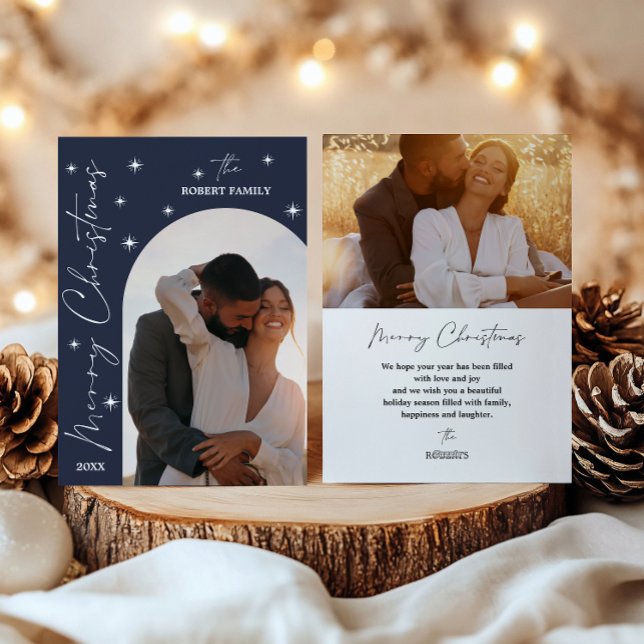 Navy Arch Modern Script 2 Foto Frohe Weihnachten (Von Creator hochgeladen)