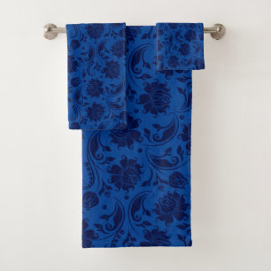 Navy auf blauen Vintagen Damasken Badhandtuch Set