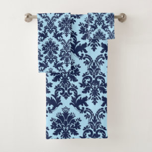 Navy auf hellblauen Vintagen Blumendaukeln Badhandtuch Set