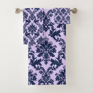 Navy auf Lavendel Vintage Blumendamasken Badhandtuch Set