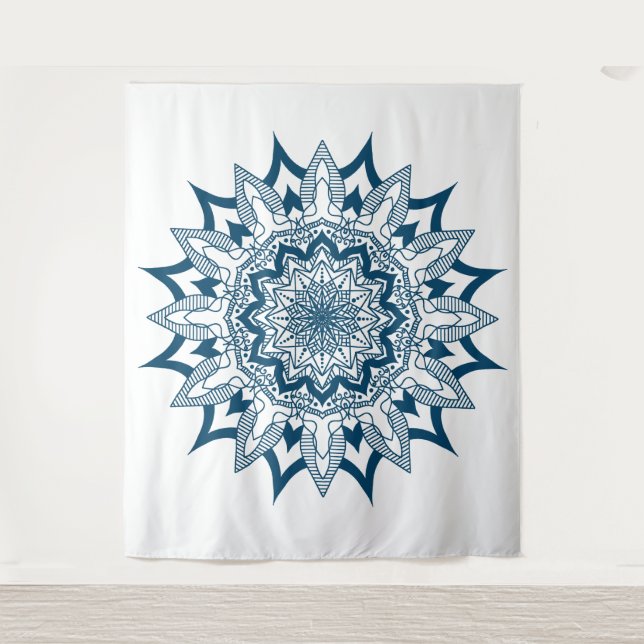 Navy auf weißer Mandala Wandteppich (Vorderseite)