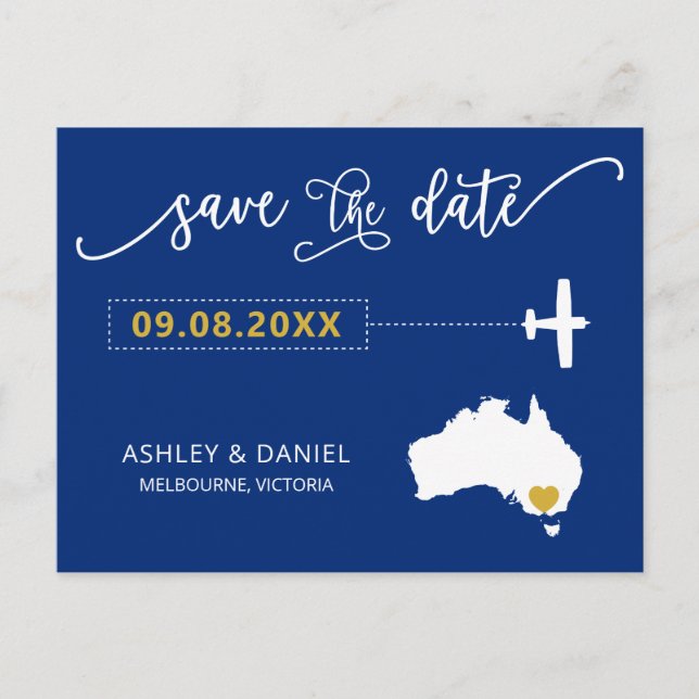 Navy Australia Wedding Save the Date Map Postcard Postkarte (Vorderseite)
