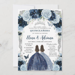 Navy Baby Blau Blumen Silber Zwillinge Quinceanera Einladung
