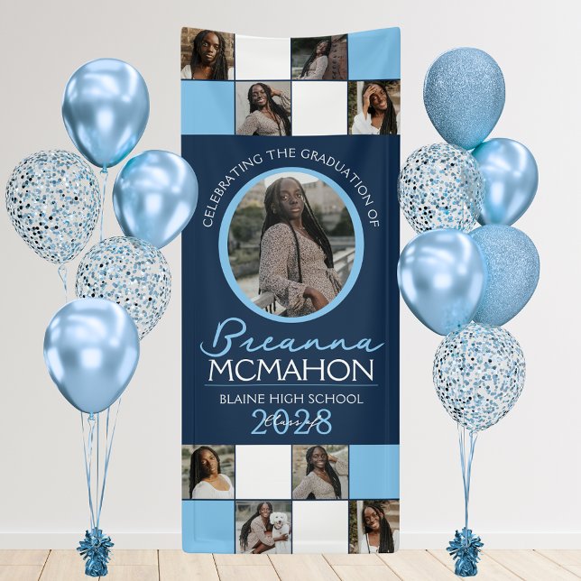 Navy & Baby Blue 9 Foto Collage Abschluss Vinyl Banner (Navy Blue and Baby Blue 9 Photo Vinyl Graduation Hanging Banner. Indoor or Outdoor Use!)