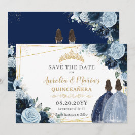 Navy Baby Blue Floral Twins Quinceanera Sweet 16 Save The Date