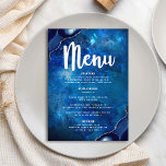 Navy Bar Mitzvah Galaxy Aquarellschrift Menükarte<br><div class="desc">Seien Sie stolz, freuen Sie sich und präsentieren Sie diesen Meilenstein Ihres Lieblings-Bar Mitzvah mit einer Feier, auf die Sie stolz sein können! Lassen Sie sich von dieser atemberaubenden, modernen Speisekarte mit Party verzaubern. Weiße Kalligraphie-Schrift, kühn weiße Typografie und stählerne, blau agate Felsen mit Imitaten silbernen Venen, die alle einen...</div>
