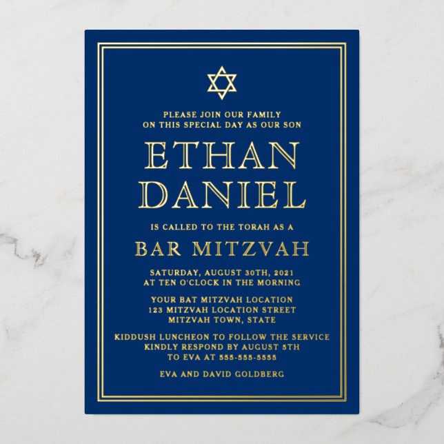 Navy Bar mitzvah Star von David gold oder silber Folieneinladung (Vorderseite)