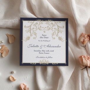 Navy-Barock-Karte zur Vorabanzeige des Hochzeitste Einladung