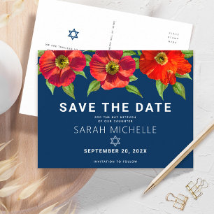 Navy Bat Mitzvah Save the Date Floral Watercolor Einladungspostkarte