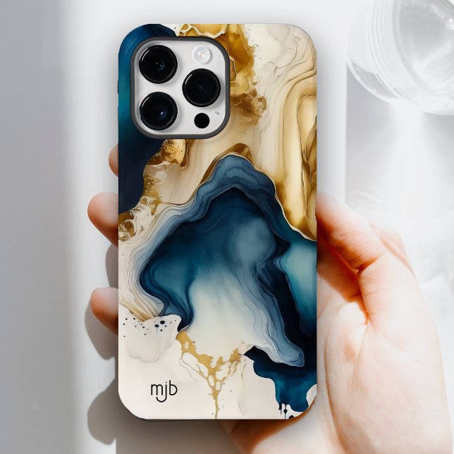 Navy Beige und Braunfarben Wash mit Monogramm Case-Mate iPhone Hülle (Get this modern artistic ink wash case for your smart phone. Personalize with your monogram or name.)