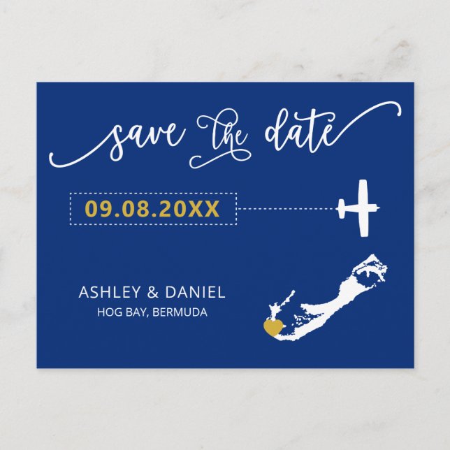 Navy Bermuda Wedding Save the Date Map Postcard Postkarte (Vorderseite)