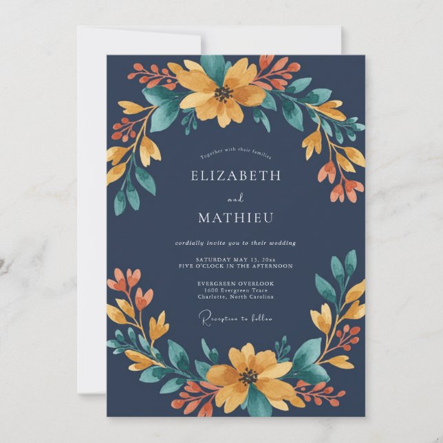 Navy Bernstein Aquarell-Hochzeit Einladung (Vorderseite)