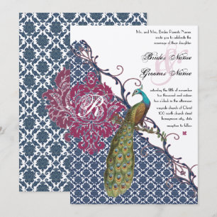 Navy & Berry Berry Elegant Damask Peacock Wedding Einladung