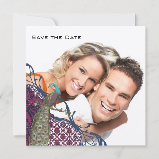 Navy & Berry Berry Elegant Damask Peacock Wedding Einladung (Vorderseite)