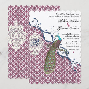 Navy & Berry Berry Elegant Damask Peacock Wedding Einladung