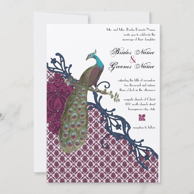 Navy & Berry Berry Elegant Damask Peacock Wedding Einladung (Vorderseite)
